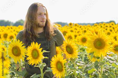 Young caucasian - nordic man with blond and long hairs among sunflowers field
