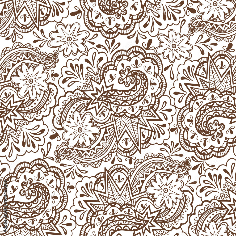 Seamless Abstract Pattern, Calligraphic Outline Figures and Elements, Brown Contours on Tile White Background. Vector