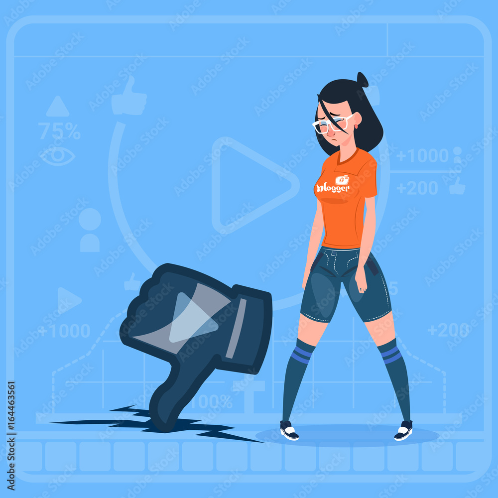 Girl Hold Thumb Down Modern Video Blogger Vlog Creator Channel Dislike Flat Vector Illustration Girl Hold Thumb Down Modern Video Blogger Vlog Creator Channel Dislike Flat Vector Illustration