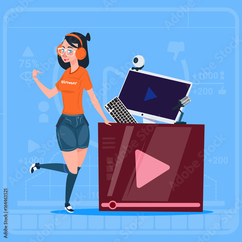Girl Over Vlogger Channel Screen Modern Video Blogger Vlog Creator Flat Vector Illustration