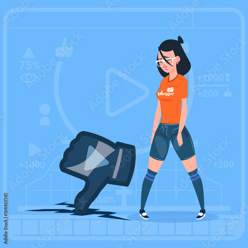 Girl Hold Thumb Down Modern Video Blogger Vlog Creator Channel Dislike Flat Vector Illustration