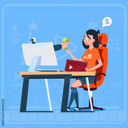 Girl Blogger Sit At Computer Streaming Video Blogs Earn Money Creator Popular Vlog Channel Flat Vector Illustration