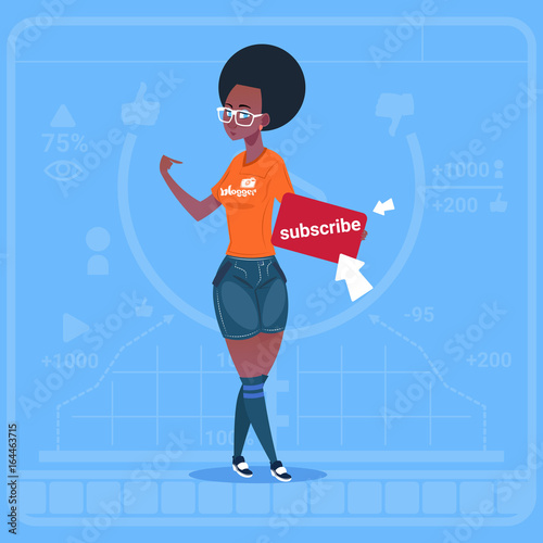 African American Girl Subscribe Modern Video Blogger Vlog Creator Channel Like Flat Vector Illustration