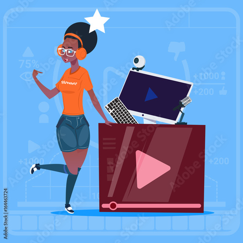 African American Girl Over Vlogger Channel Screen Modern Video Blogger Vlog Creator Flat Vector Illustration