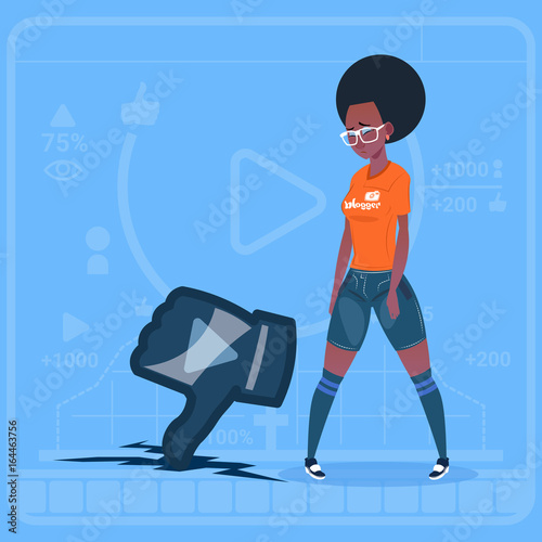 African American Girl Hold Thumb Down Modern Video Blogger Vlog Creator Channel Dislike Flat Vector Illustration
