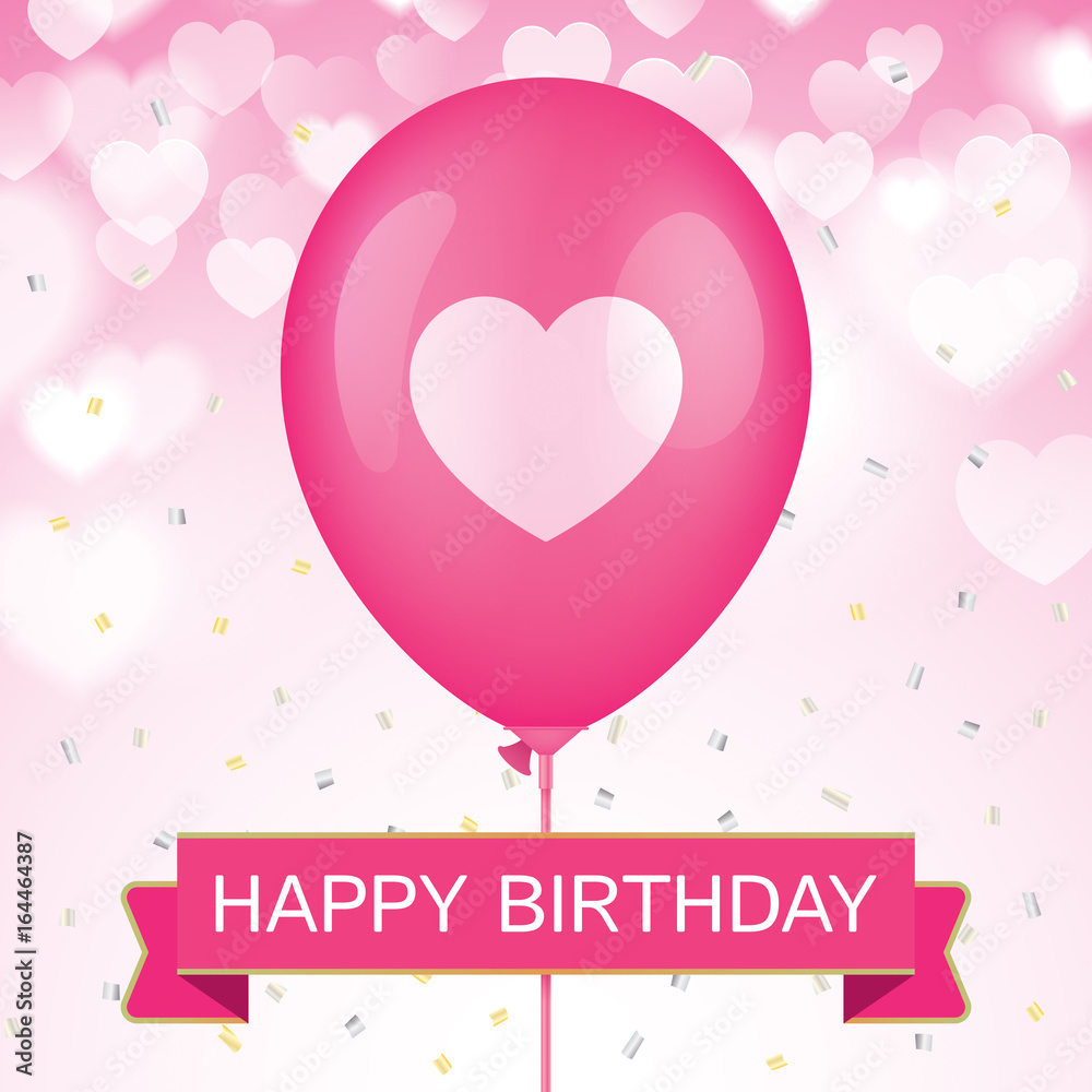Naklejka Projekt wektor kartkę z życzeniami urodzinowymi. Różowy balon ze wstążką i kolorowym konfetti na niebieskim tle bokeh.