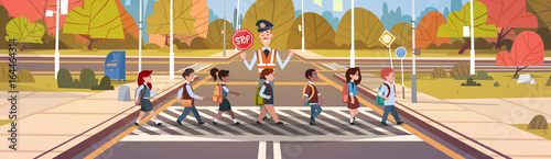 Policeman Guard Help Group Of School Children Crossing Road Flat Vector Illustration