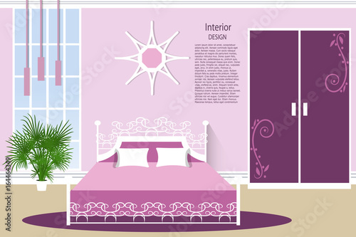 The interior of the bedroom. Room with furniture in pink color. Cartoon. Vector illustration.