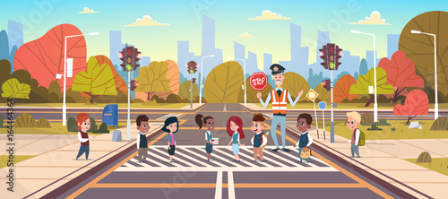 Policeman Guard Help Group Of School Children Crossing Road Flat Vector Illustration