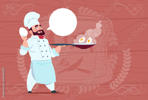 Chef Cook Holding Frying Pan With Eggs Smiling Cartoon Chief In White Restaurant Uniform Over Wooden Textured Background Flat Vector Illustration