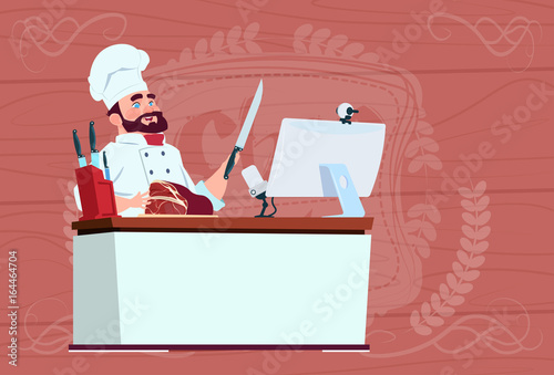 Chef Cook Making Video Blog Cookong At Computer Desk Streaming Cartoon Restaurant Chief In White Uniform Blogger Flat Vector Illustration