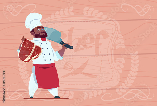 African American Chef Cook Holding Cleaver Knife And Meat Smiling Cartoon Chief In White Restaurant Uniform Over Wooden Textured Background Flat Vector Illustration