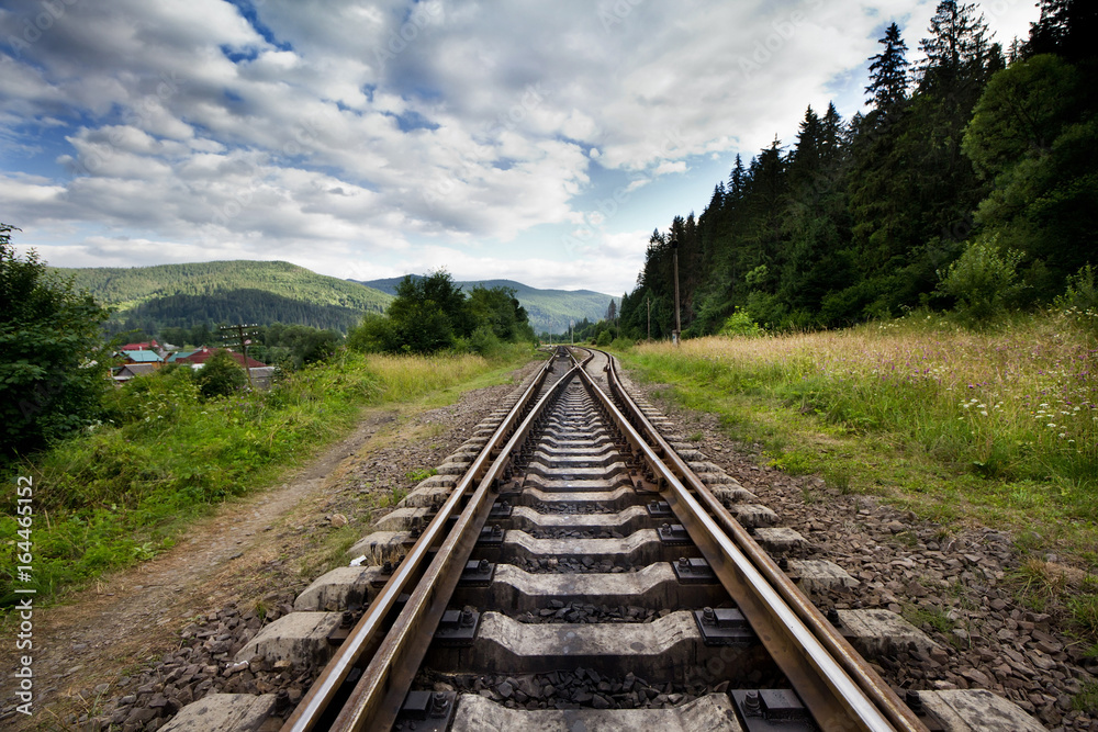 Fototapeta premium Railroad Against Mountains And Beautiful Sky, Near Forest.