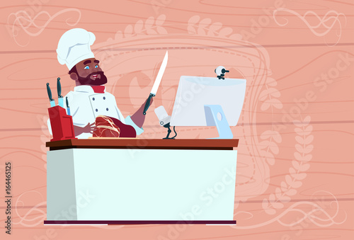 African American Chef Cook Making Video Blog Cookong At Computer Desk Streaming Cartoon Restaurant Chief In White Uniform Blogger Flat Vector Illustration