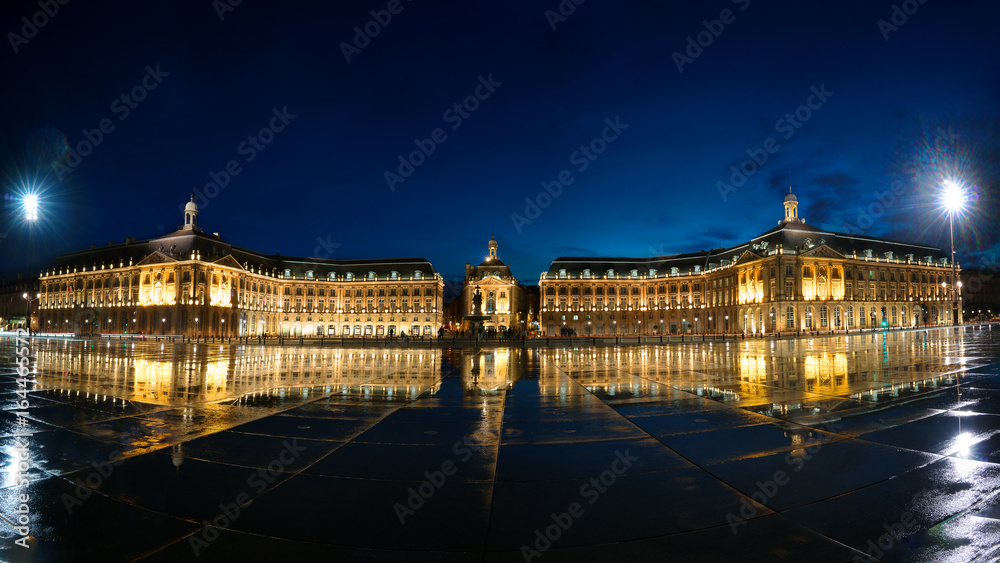 Panoramic image of Place De La Bourse with reflection in Bordeaux , France