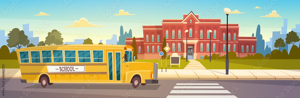 Yellow Bus In Front Of School Building Pupils Transport Flat Vector Illustration
