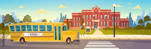 Yellow Bus In Front Of School Building Pupils Transport Flat Vector Illustration © mast3r