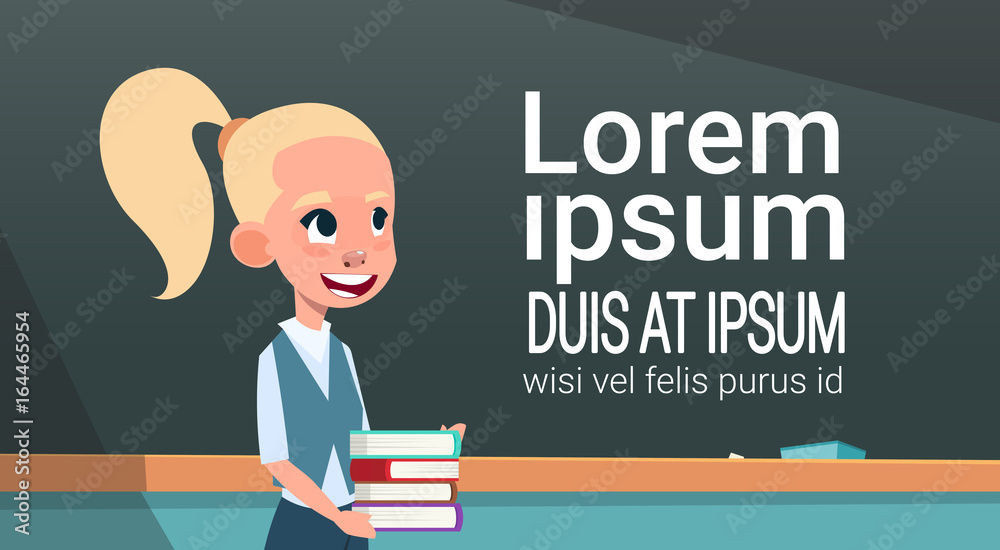 Back To School, Girl Pupil Standing In Front Of Chalk Board With Copy Space Flat Vector Illustration Back To School, Girl Pupil Standing In Front Of Chalk Board With Copy Space Flat Vector Illustration