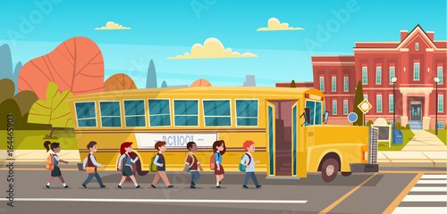 Group Of Pupils Mix Race Walking To School Building From Yellow Bus Primary Schoolchildren Students Flat Vector Illustration