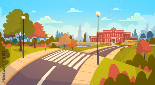 Street Landscape Modern School Building Exterior With Crosswalk Welcome Back To Education Concept Concept Flat Vector Illustration