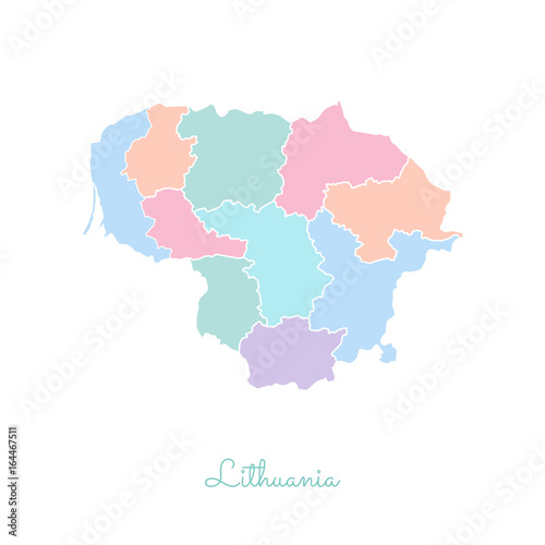 Lithuania region map: colorful with white outline. Detailed map of Lithuania regions. Vector illustration.
