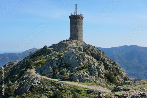 Medieval watchtower the Madeloc old stone tower at about 650 meters in height in the Albera massif, Mediterranean, Pyrenees Orientales, Roussillon, south of France