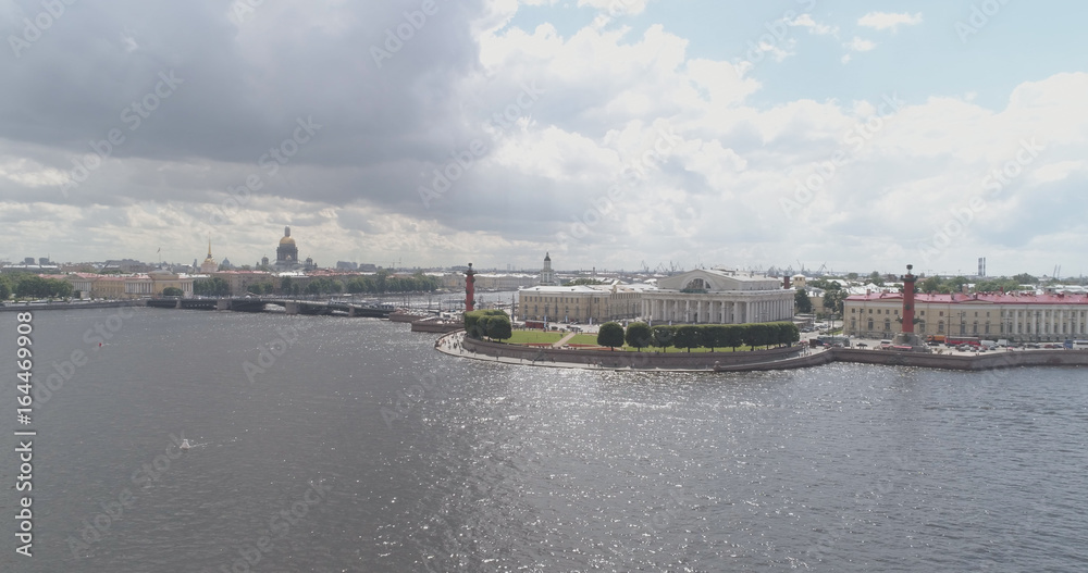 Aerial low altitude photo over St. Petersburg neva with view of Stock Market Square and Saint Isaac's Cathedral in summer day