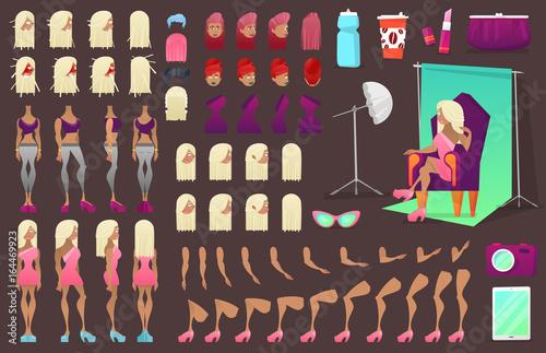Fashion Model Woman Character Creation Constructor. Woman in Different Poses. Female Person with Faces, Arms, Legs, Hairstyles. Vector illustration