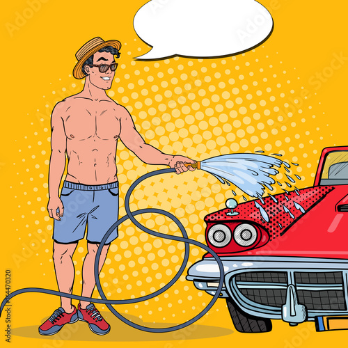 Pop Art Smiling Man Washing His Classic Car. Vector illustration