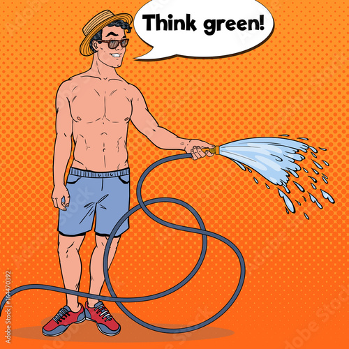 Pop Art Smiling Man Watering with Garden Hose. Vector illustration