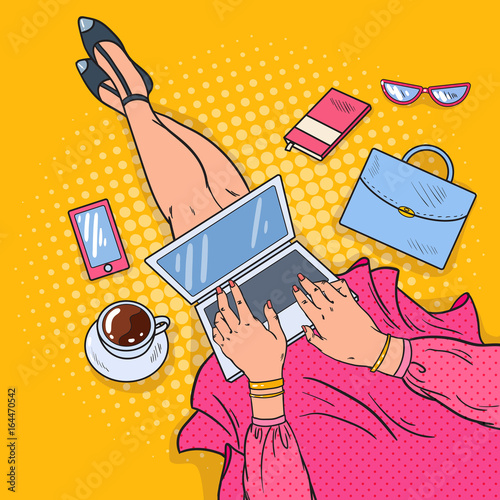 Pop Art Young Woman with Laptop. Work at Home. Vector illustration