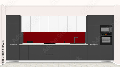 3D illustration. Beautiful modern kitchen design in light interior. Kitchen sketch. Front view. Home Interior Design Software Programs. Project management.