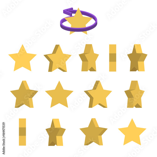 Sheet of sprites. Rotation of cartoon yellow star. Isolated on white background.