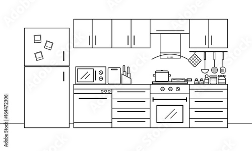 Kitchen interior design in black and white color with furniture and lots of kitchen utensils