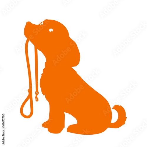 silhouette of a sitting dog holding it's leash in it's mouth, patiently waiting to go for a walk.