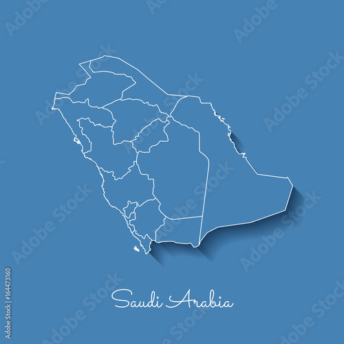Saudi Arabia region map: blue with white outline and shadow on blue background. Detailed map of Saudi Arabia regions. Vector illustration.