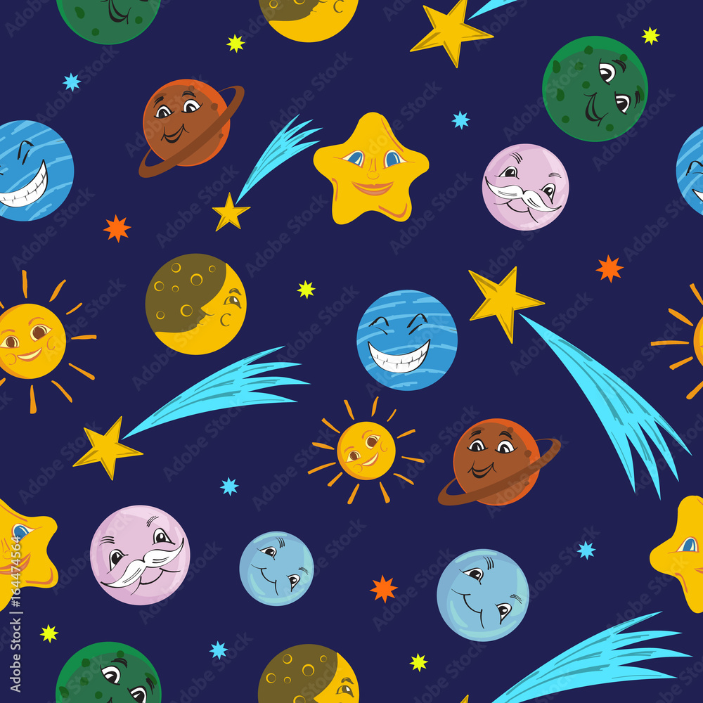 Funny planets and stars with different grimaces, seamless texture.