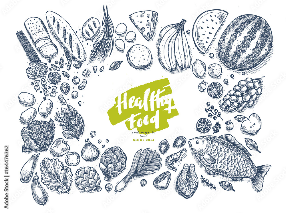 Healthy food collection. Good nutrition top view table background. Linear graphic. Hero image. Vector illustration