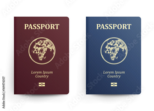 Passport With Map. Africa. Realistic Vector Illustration. Red And Blue Passports With Globe. International Identification Document. Front Cover. Isolated