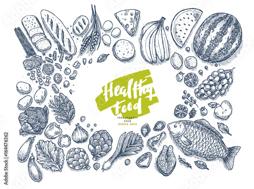Healthy food collection. Good nutrition top view table background. Linear graphic. Hero image. Vector illustration