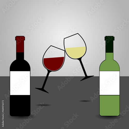Red and White Wine Bottles and Two Glasses Clinking Vector - Cheers!