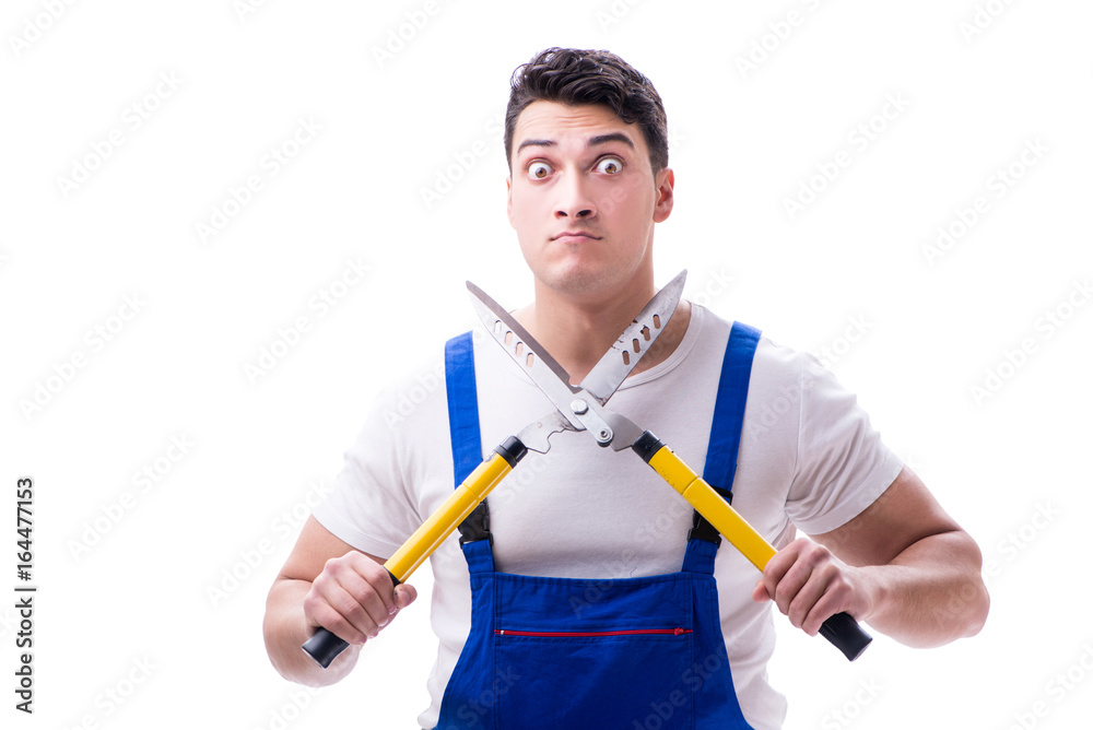 Man gardener with gardening scissors on white background isolate Man gardener with gardening scissors on white background isolate