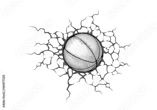 Basketball smash the white wall with cracks hole. Texture design of a white background. Sport ball vector for tournament.
