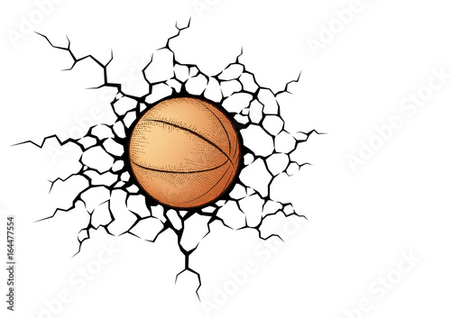 Basketball smash the white wall with cracks hole. Texture design of a white background. Sport ball vector for tournament.