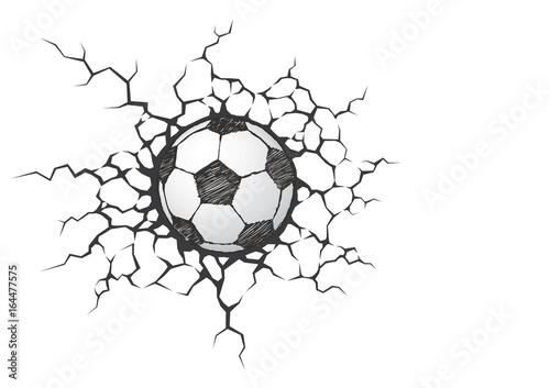 Soccer ball smash the white wall with cracks hole. Texture design of a white background. Sport Football vector for tournament.