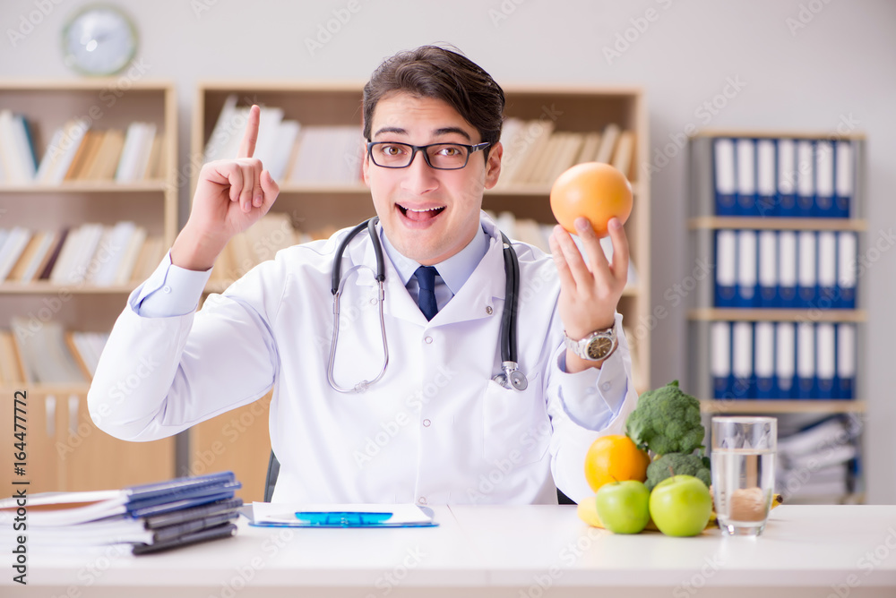 Scientist studying nutrition in various food Scientist studying nutrition in various food