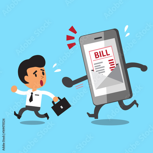 Business concept cartoon businessman escaping from smartphone and electronic bill payment