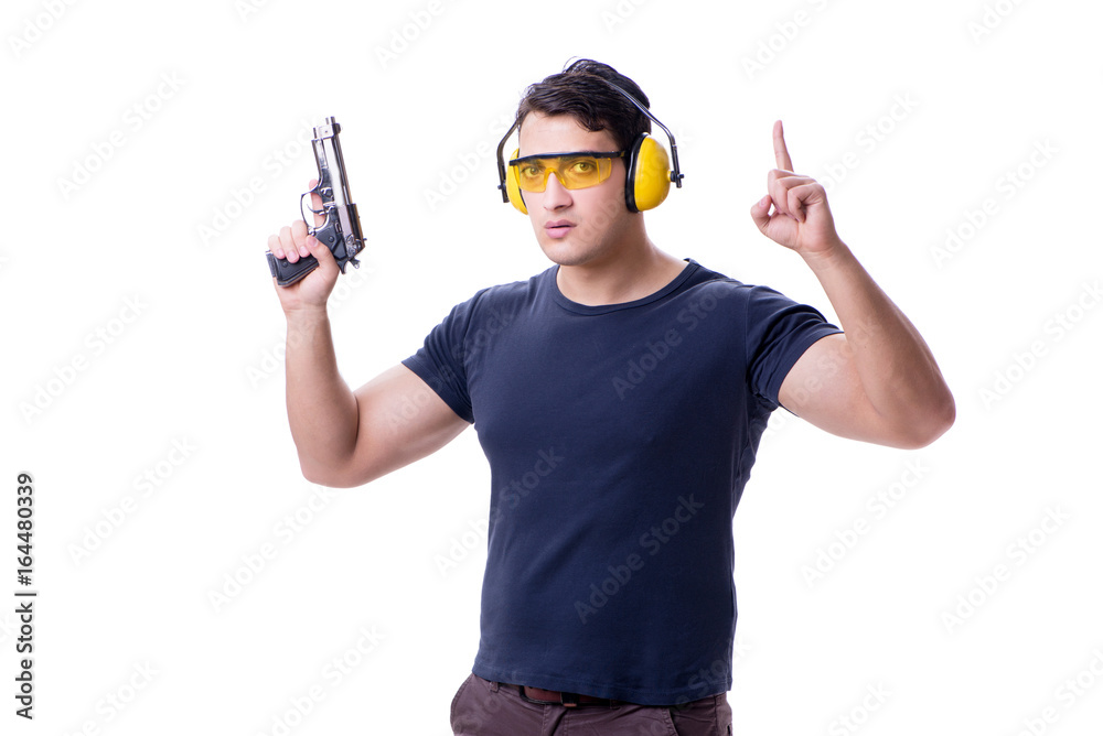 Man doing sport shooting from gun isolated on white Man doing sport shooting from gun isolated on white