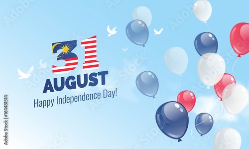 31 August. Malaysia Independence Day greeting card. Celebration background with flying balloons and blue sky. Vector illustration