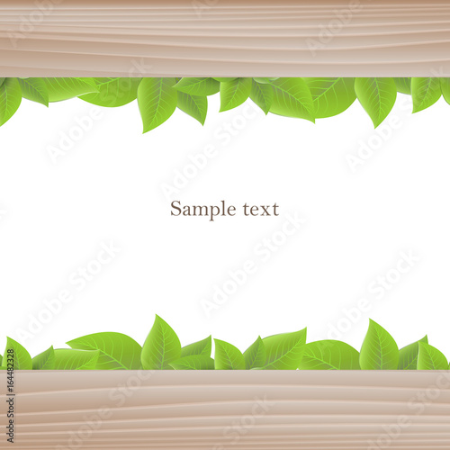 Background with a wooden texture and foliage, vector illustration